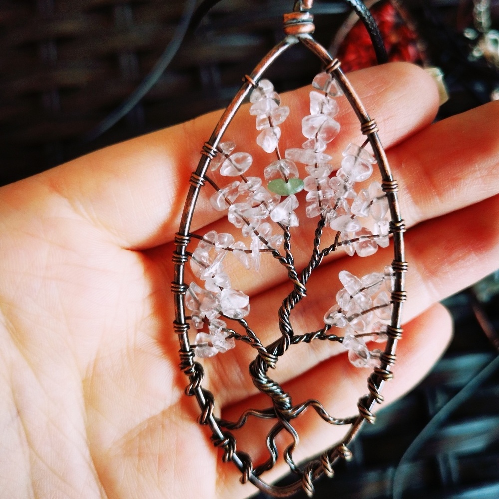 Clear quartz crystal Tree of Life necklace